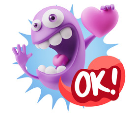 3d Rendering. Emoji in love holding heart shape saying Ok with C