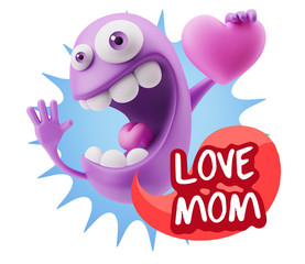 3d Rendering. Emoji in love holding heart shape saying Love Mom