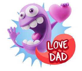 3d Rendering. Emoji in love holding heart shape saying Love Dad