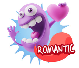 3d Rendering. Emoji in love holding heart shape saying Romantic