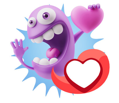 3d Rendering. Emoji in love holding heart shape saying Love with