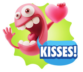 3d Rendering. Emoji in love holding heart shape saying Kisses wi