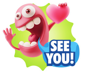 3d Rendering. Emoji in love holding heart shape saying See You w