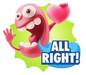 3d Rendering. Emoji in love holding heart shape saying All Right