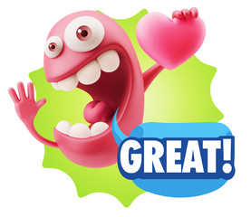 3d Rendering. Emoji in love holding heart shape saying Great wit