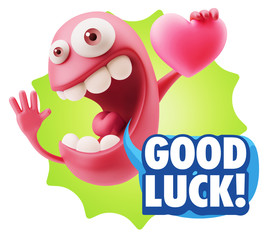 3d Rendering. Emoji in love holding heart shape saying Good Luck