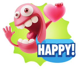 3d Rendering. Emoji in love holding heart shape saying Happy wit