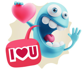 3d Rendering. Emoji in love holding heart shape saying I Love U