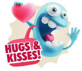 3d Rendering. Emoji in love holding heart shape saying Hugs And