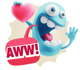 3d Rendering. Emoji in love holding heart shape saying Awww with
