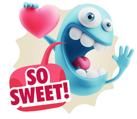 3d Rendering. Emoji in love holding heart shape saying So Sweet