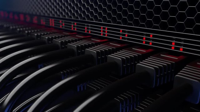Rows of server wires, flashing lamps and connectors. Seamless loopable 4K footage
