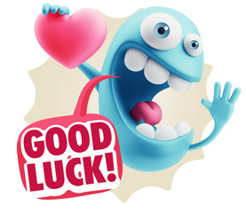 3d Rendering. Emoji in love holding heart shape saying Good Luck