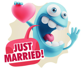 3d Rendering. Emoji in love holding heart shape saying Just Marr