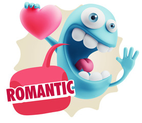 3d Rendering. Emoji in love holding heart shape saying Romantic