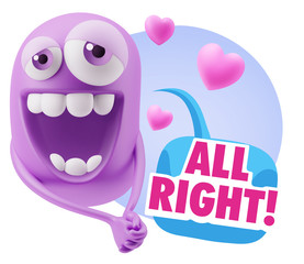 3d Rendering. Romantic Emoticon Character Face Expression with h