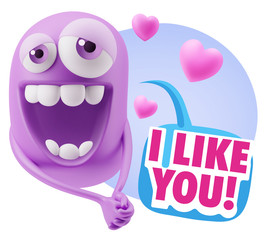 3d Rendering. Romantic Emoticon Character Face Expression with h