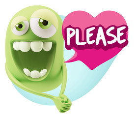 3d Rendering. Romantic Emoticon Character Face Expression with h