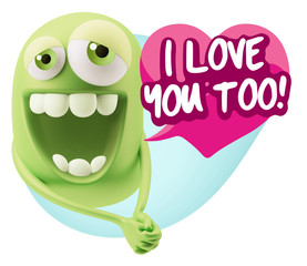 3d Rendering. Romantic Emoticon Character Face Expression with h