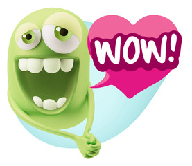 3d Rendering. Romantic Emoticon Character Face Expression with h