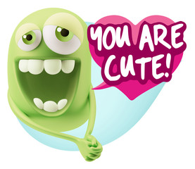 3d Rendering. Romantic Emoticon Character Face Expression with h