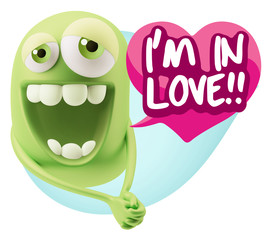 3d Rendering. Romantic Emoticon Character Face Expression with h