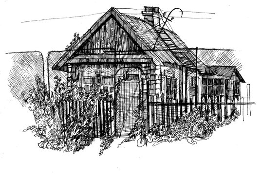 Rustic motif. Old wooden buildings. Illustration drawn by hand.