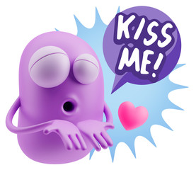 3d Rendering. Love Emoticon Face Kiss Flying Heart Shape saying