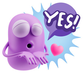 3d Rendering. Love Emoticon Face Kiss Flying Heart Shape saying