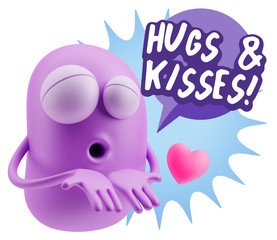 3d Rendering. Love Emoticon Face Kiss Flying Heart Shape saying