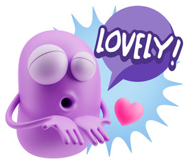 3d Rendering. Love Emoticon Face Kiss Flying Heart Shape saying