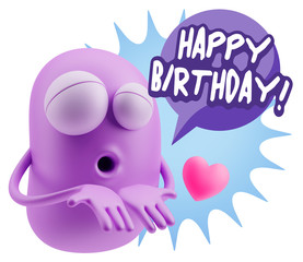 3d Rendering. Love Emoticon Face Kiss Flying Heart Shape saying