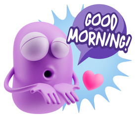 3d Rendering. Love Emoticon Face Kiss Flying Heart Shape saying