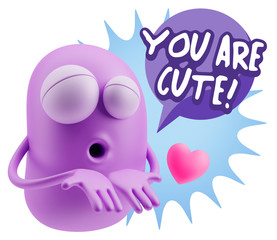 3d Rendering. Love Emoticon Face Kiss Flying Heart Shape saying