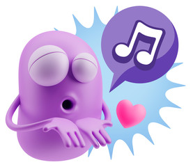 3d Rendering. Love Emoticon Face Kiss Flying Heart Shape saying