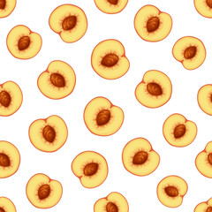 Vector seamless pattern with peach halves on a white background.