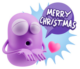 3d Rendering. Love Emoticon Face Kiss Flying Heart Shape saying