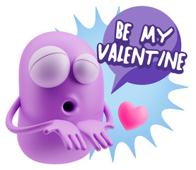 3d Rendering. Love Emoticon Face Kiss Flying Heart Shape saying