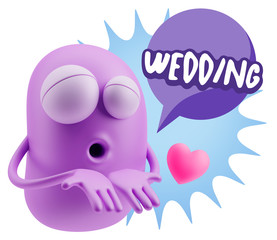 3d Rendering. Love Emoticon Face Kiss Flying Heart Shape saying