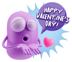 3d Rendering. Love Emoticon Face Kiss Flying Heart Shape saying