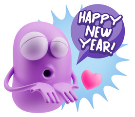 3d Rendering. Love Emoticon Face Kiss Flying Heart Shape saying