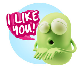 3d Rendering. Love Emoticon Face Kiss Flying Heart Shape saying