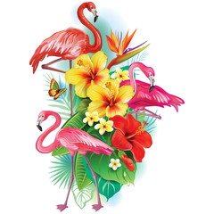 Fototapeta premium Arrangement from tropical flowers and Flamingoes