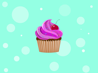 Cupcake with colorful little candy and cherry. Vector illustration background.