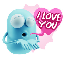 3d Rendering. Love Emoticon Face Kiss Flying Heart Shape saying