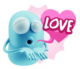 3d Rendering. Love Emoticon Face Kiss Flying Heart Shape saying