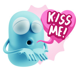 3d Rendering. Love Emoticon Face Kiss Flying Heart Shape saying