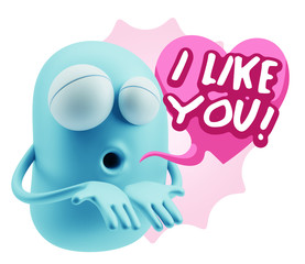 3d Rendering. Love Emoticon Face Kiss Flying Heart Shape saying