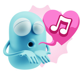 3d Rendering. Love Emoticon Face Kiss Flying Heart Shape saying