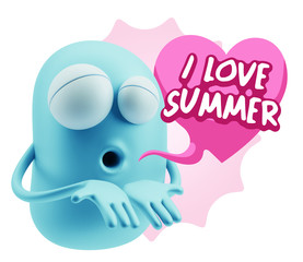 3d Rendering. Love Emoticon Face Kiss Flying Heart Shape saying